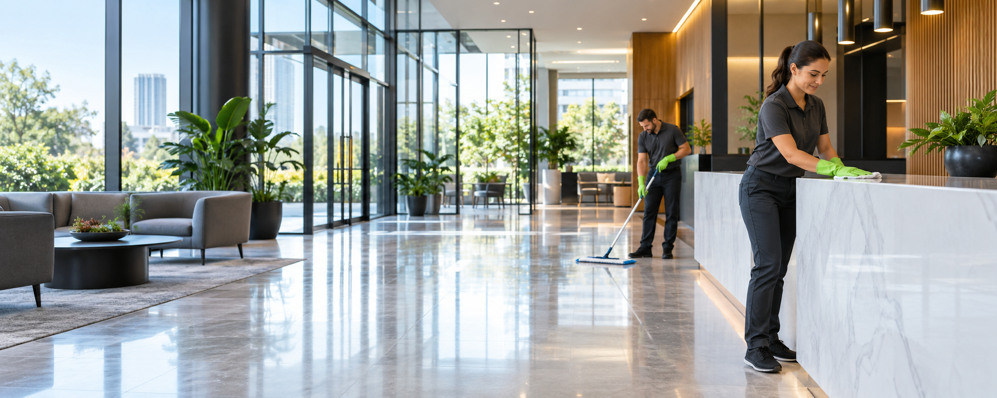 A professional team cleaning a bright office lobby