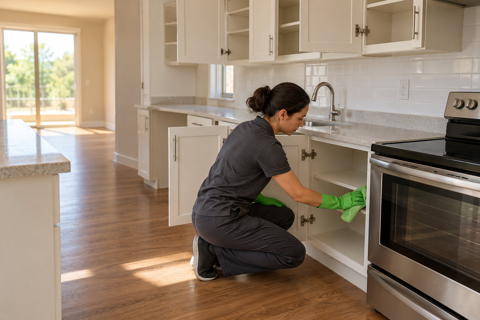 Empty kitchen cabinets being deep cleaned after move-out